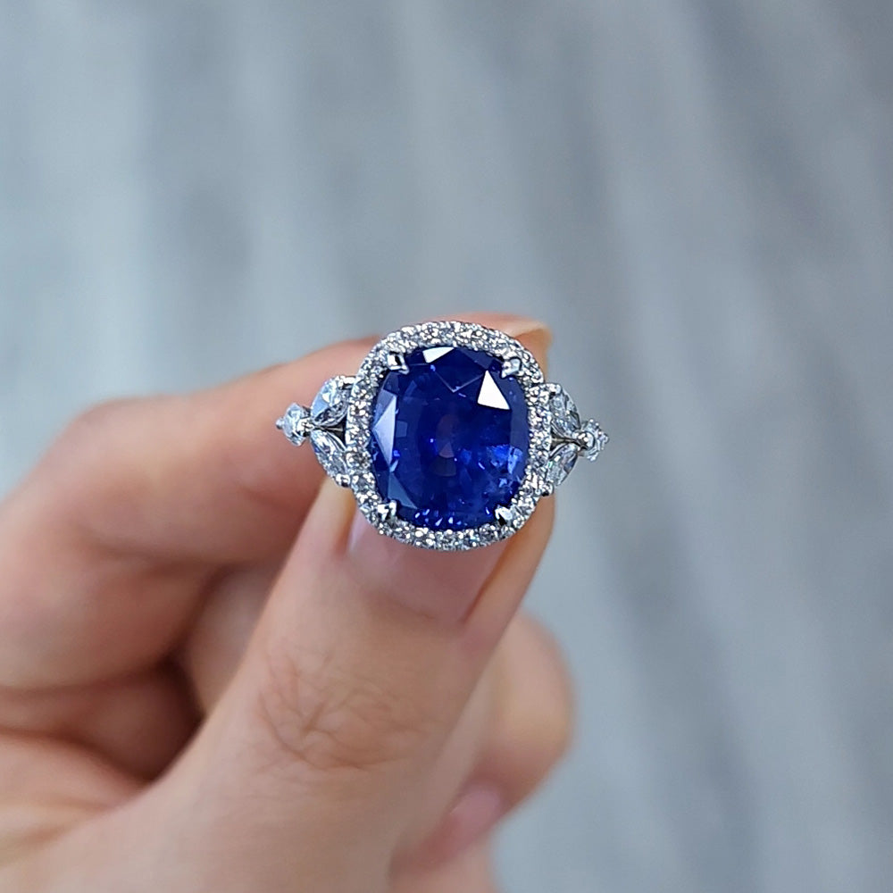 Blue Sapphire Halo Pave Split Shank Engagement Ring