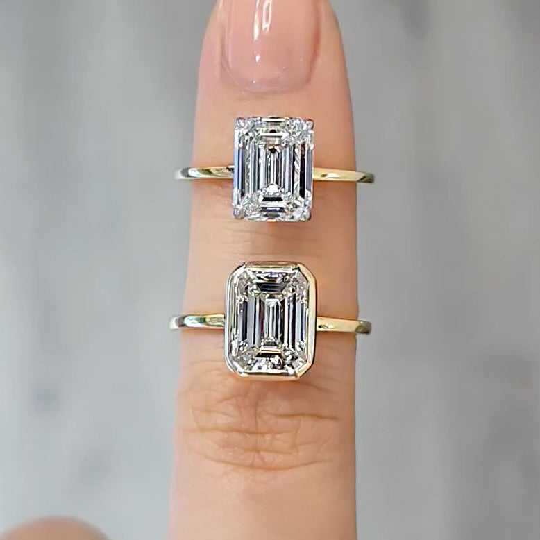 Emerald Cut Solitaire Yellow Gold Engagement Rings Bezel Set and Prong Set