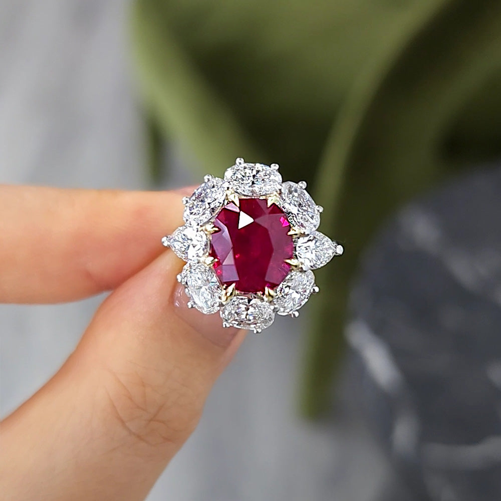 Ruby and Oval Diamond Halo Anniversary Ring