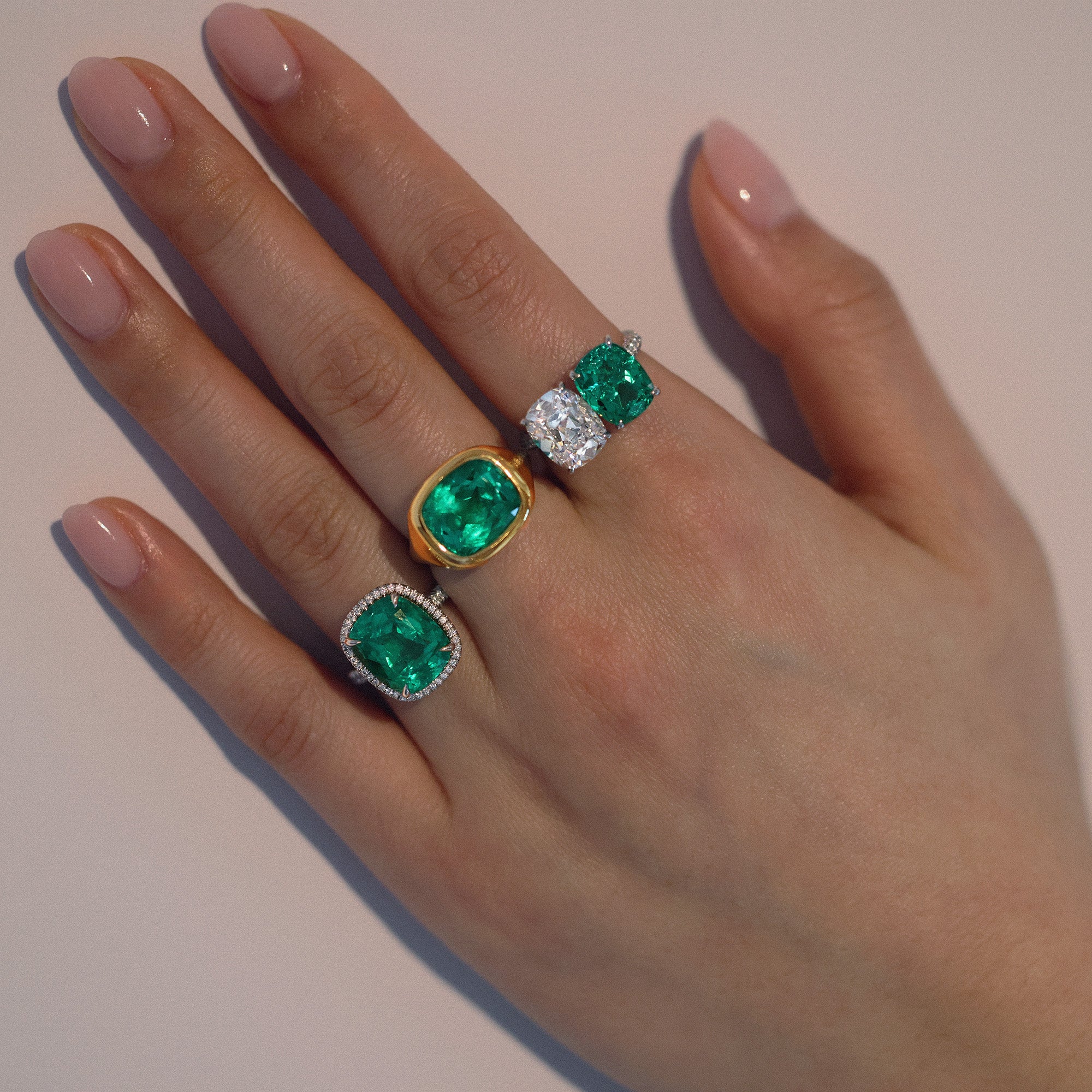 green emerald yellow gold bezel gypsy ring toi et moi lab antique cushion old mine cut colombian emerald halo pave engagement ring