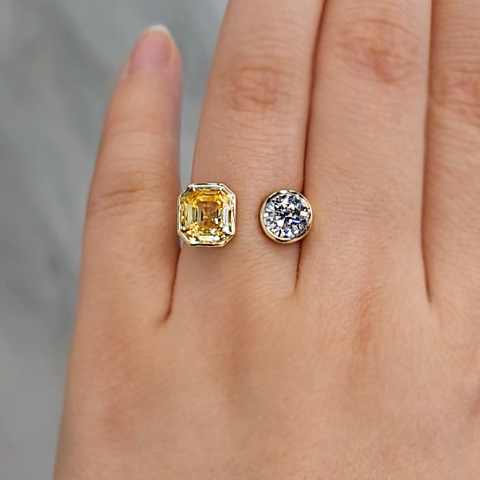 Toi et Moi Engagement Ring with Yellow Citrine and Round Diamond in Yellow Gold Bezel Setting