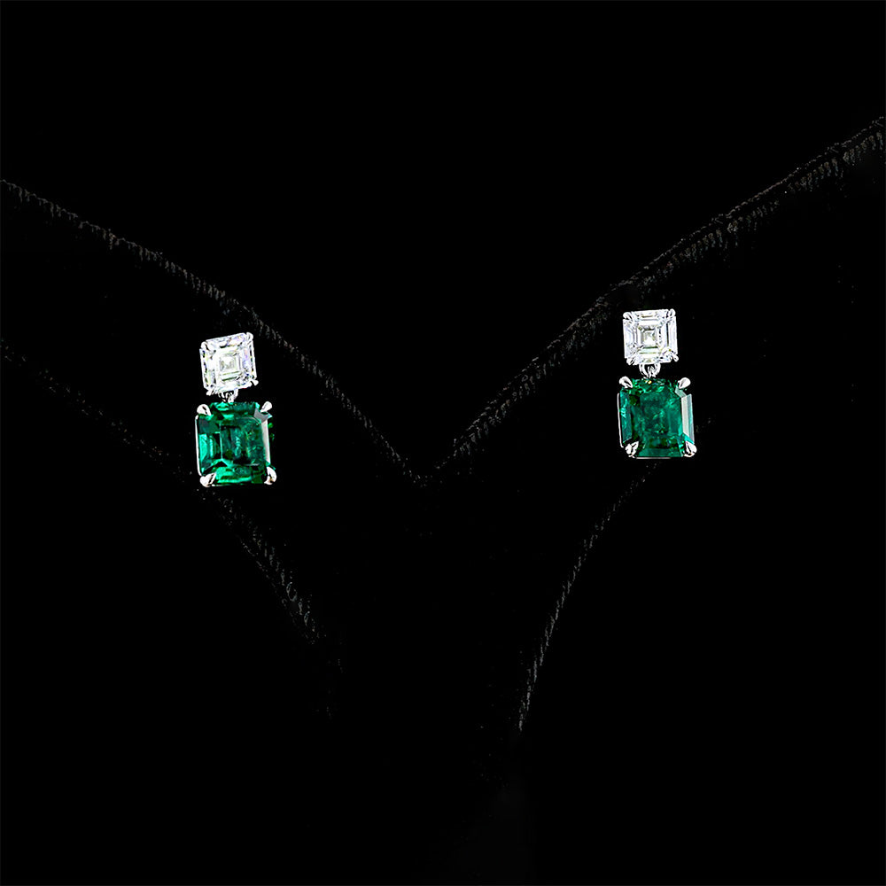 Colombian Emerald and Asscher Cut Lab Diamond Earrings