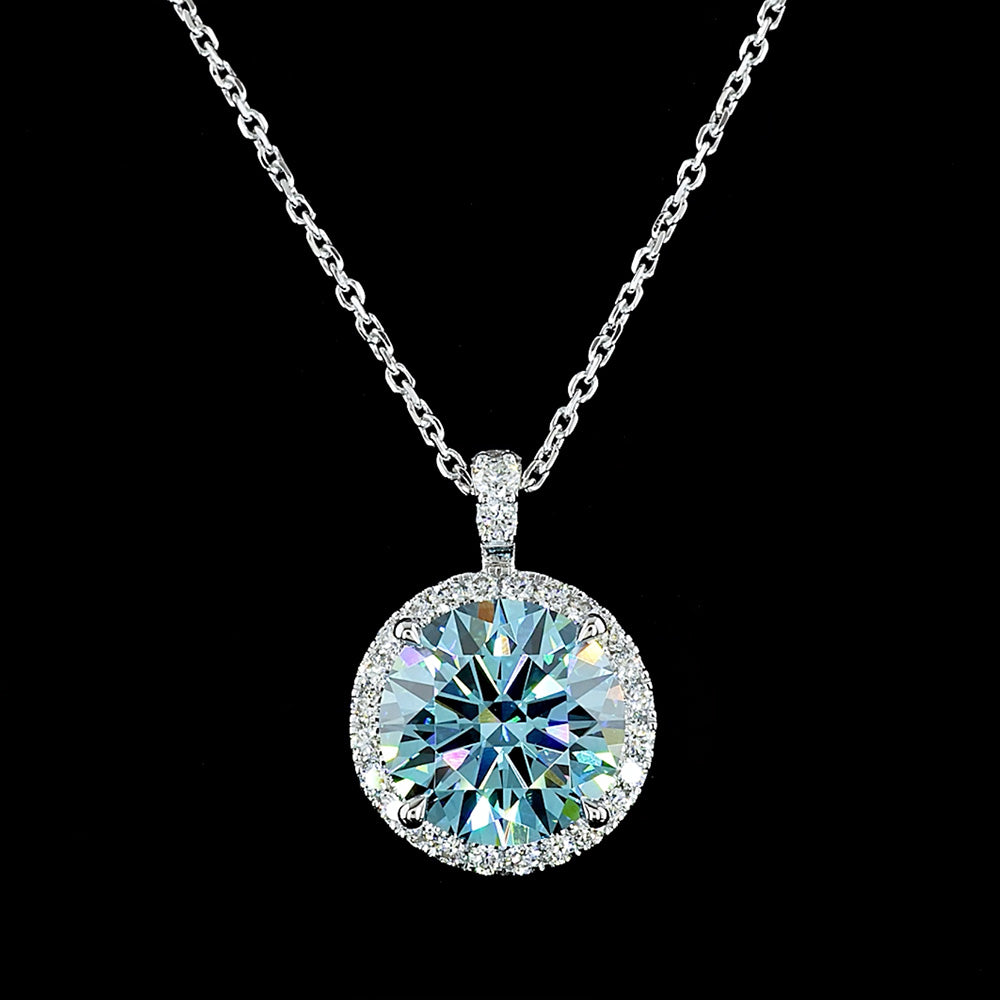 Lab Grown Blue Diamond Pendant Necklace with diamond halo and white gold 14k chain