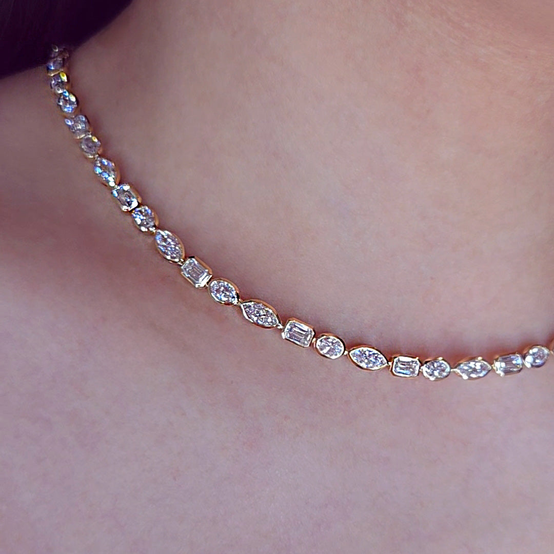 Mixed Shape Lab Diamond Bezel Tennis Necklace Pear Round Emerald Cut Cushion