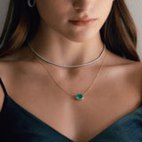 Mini Diamond Tennis Necklace and emerald necklace on model