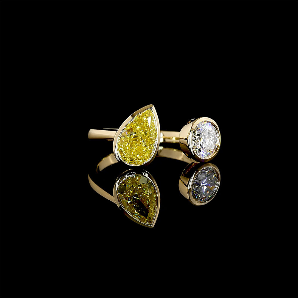 Toi et Moi Yellow Pear Diamond Bezel Ring yellow gold