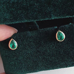 Pear Cut Green Emerald Yellow Gold Bezel Stud Earrings